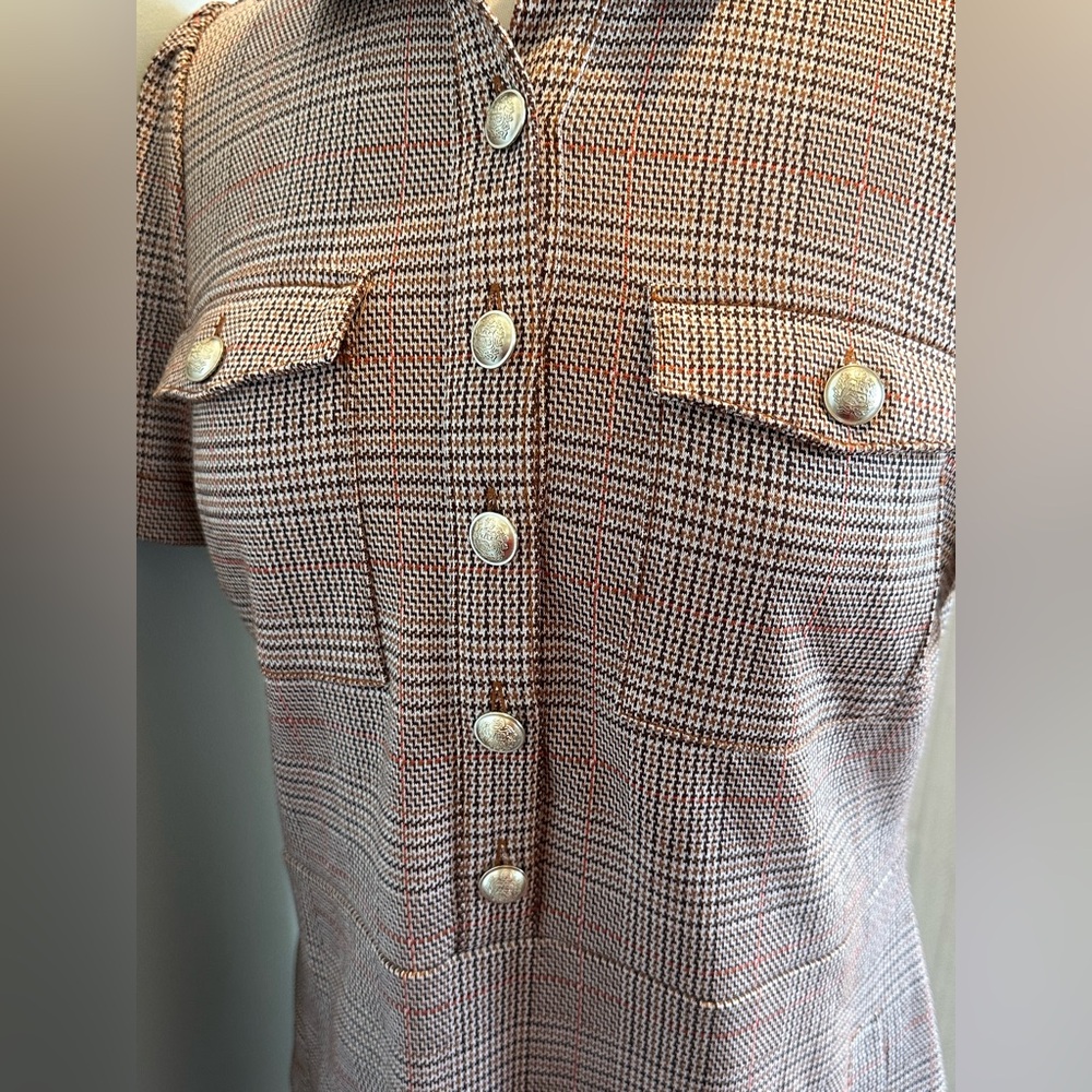 Loft Plaid Collared Mini shift dress front button browns short sleeve size 6 - Picture 10 of 16